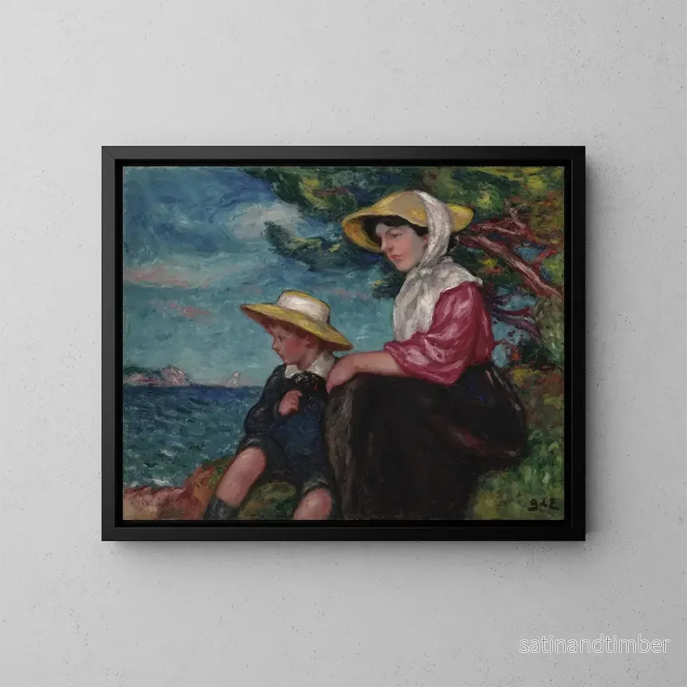 Reproduktion av målningen av kvinna och ung pojke som sitter vid havet - Georges d'Espagnat