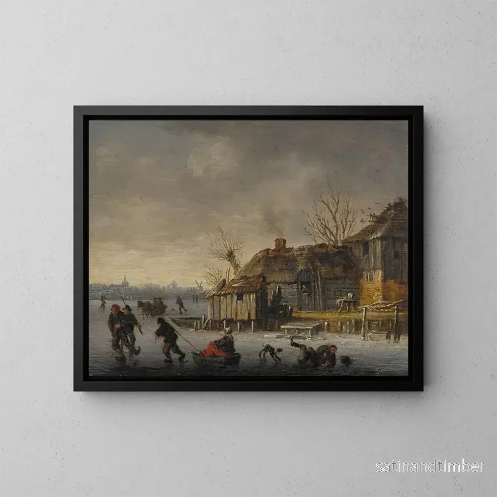 Reproduktion av målningen av vinterlandskap med skridskoåkare - Salomon van Ruysdael