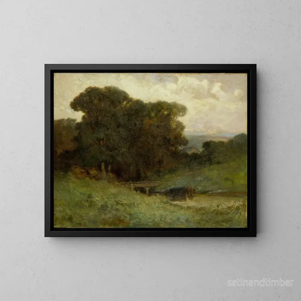 Reproduktion av målningen skogsscen utan titel med en bro och kor i bäcken i förgrunden - Edward Mitchell Bannister