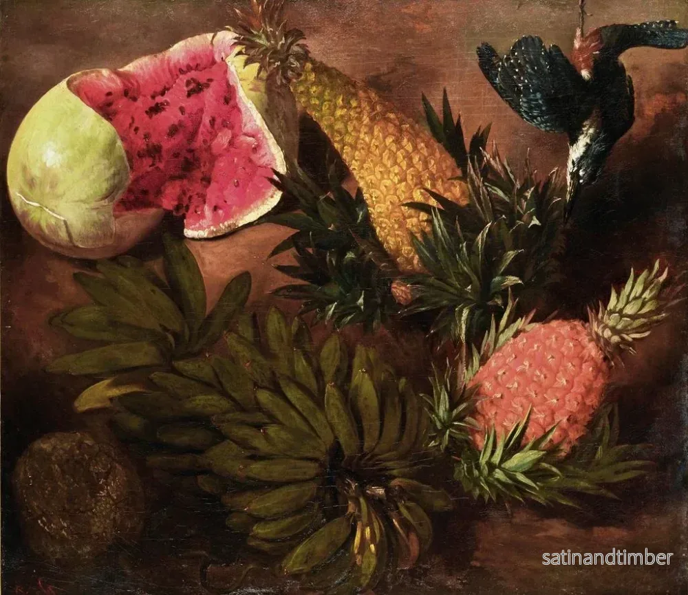 Reproduktion av målningen av naturtavla med bananer, passionsfrukter, en ananas, en brasiliansk ananas, jenipapo-frukter och en spetsig palm - Brasiliansk skola - Bild 2