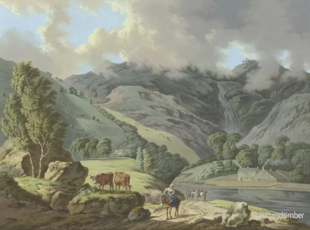 Reproduktion av målningen Landskapsbild av berg med ett vattenfall och ängar i förgrund - Karl Franz Kraul - Bild 2