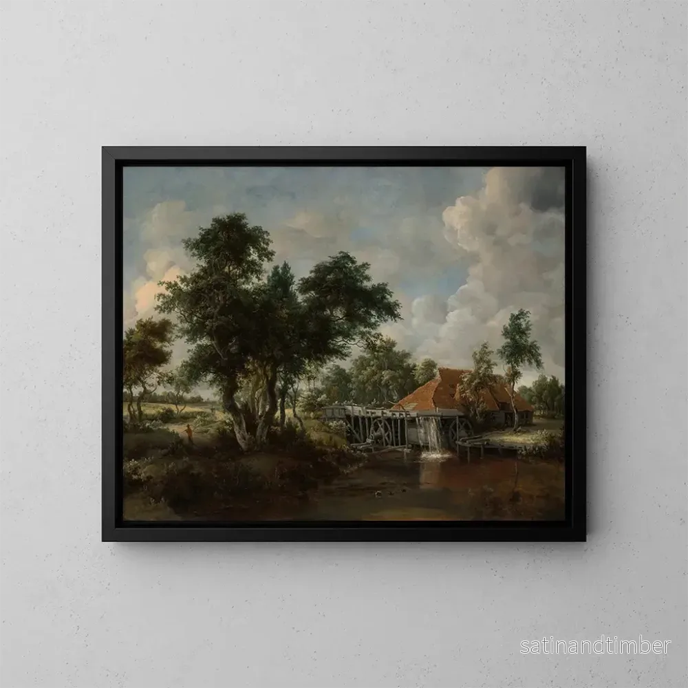 Reproduktion av målningen av vattenmöllan med det stora röda taket - Meindert Hobbema