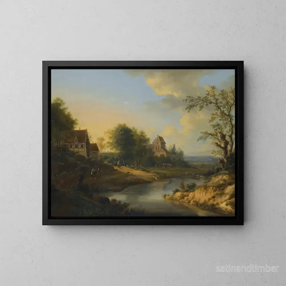 Reproduktion av målningen av ett flodlandskap med figurer vid stranden och får som betar - Johann Christian Vollerdt