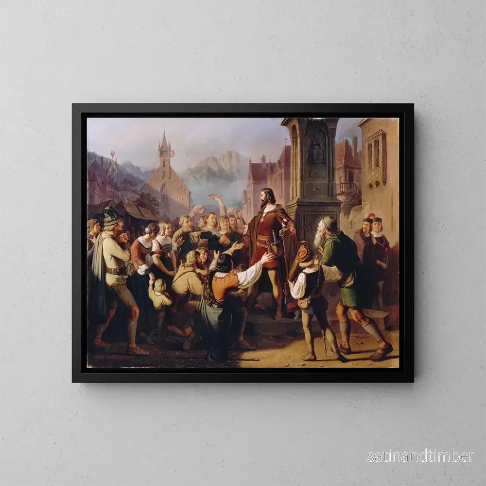 Reproduktion av målningen Le duc Frédéric IV utklädd till minnespelare avslöjas för sina trogna Tyrolare när han flyr från Konstanz – Franz Schams Reproduktion av målningen Le duc Frédéric IV utklädd till minnespelare avslöjas för sina trogna Tyrolare när han flyr från Konstanz – Franz Schams