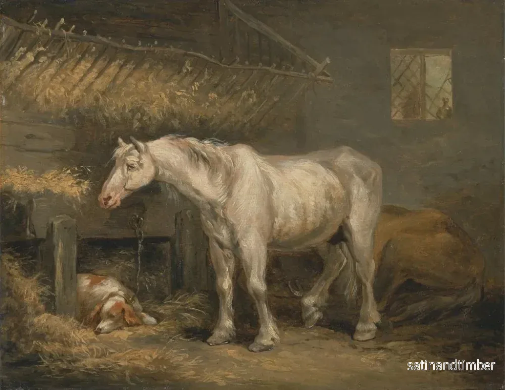 Reproduktion av målningen av gamla hästar med en hund i ett stall - George Morland - Bild 2