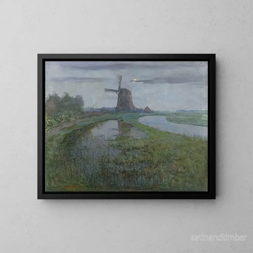 Reproduktion av målningen Moulin Oostzijdse vid floden Gein i månljus – Piet Mondrian