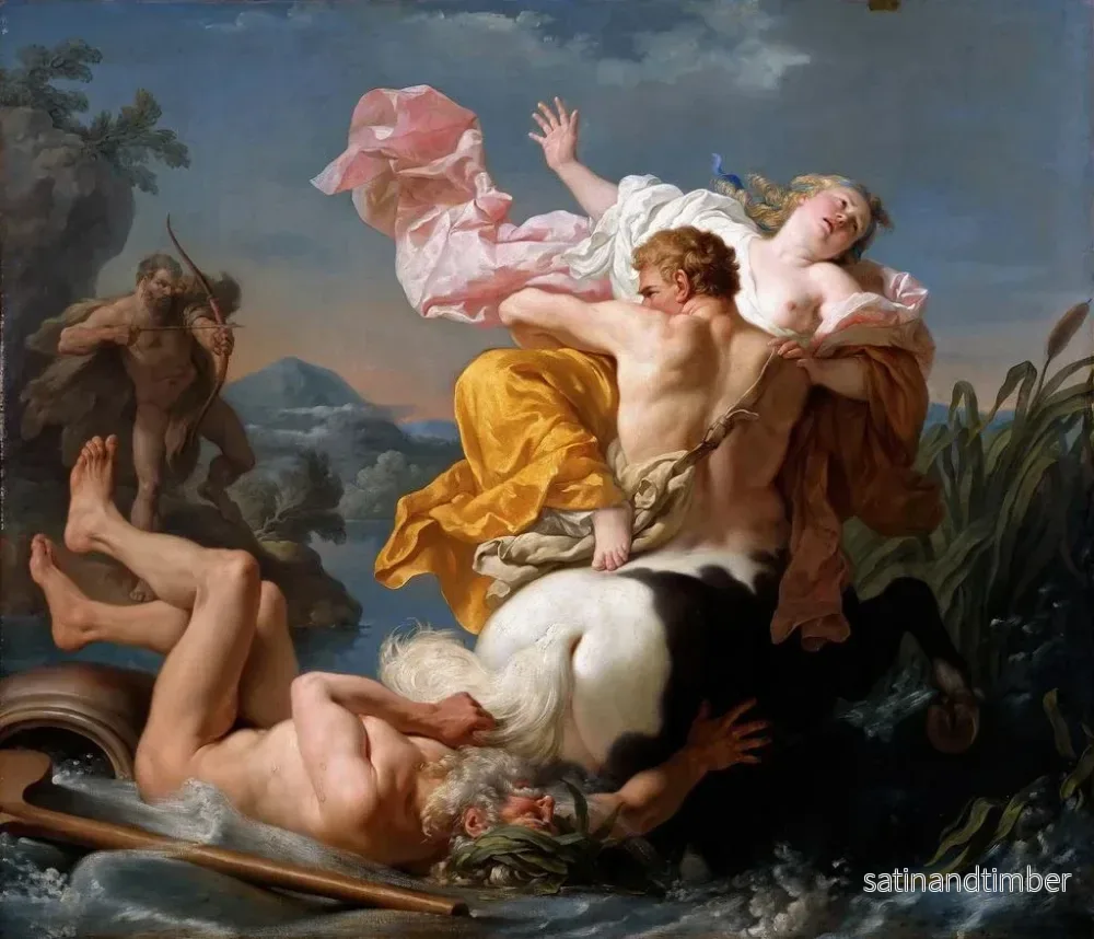 Reproduktion av målningen Låt dig förtrollas av detta magnifika konsttryck av "L'Enlèvement de Déjanire par le centaure Nessus" av Louis-Jean-François Lagrenée, en mästerlig målning som fångar mytologins essens. - Bild 2