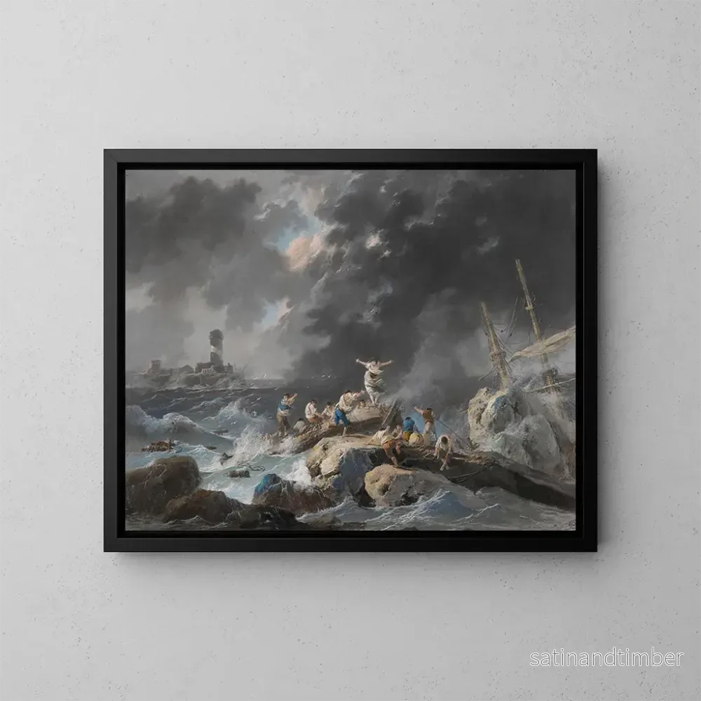 Reproduktion av målningen En skeppsbrott på en kust under en storm med ett fyrtorn i fjärran - Jean-Baptiste Pillement