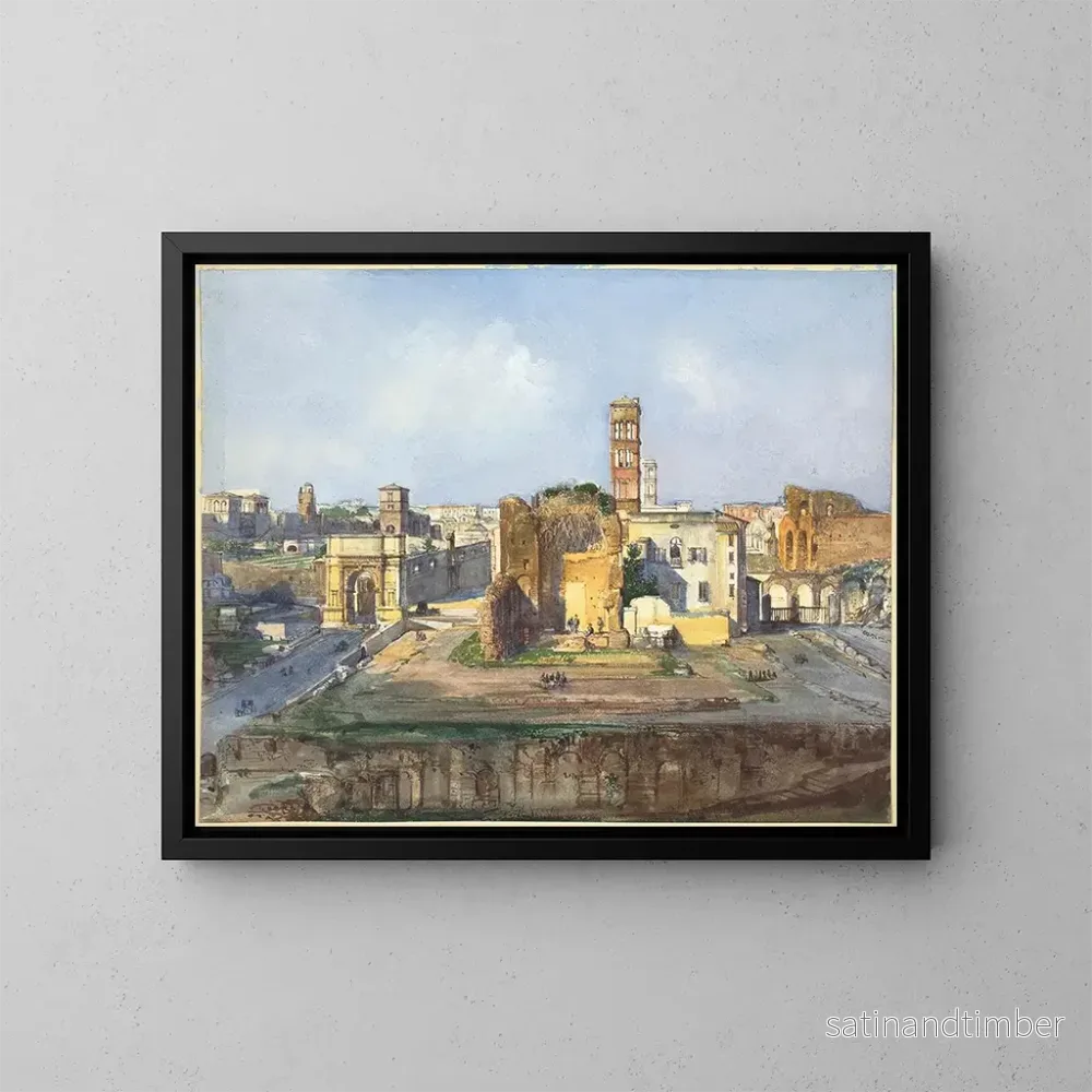 Reproduktion av målningen Långsamt reproduktion av Titus-arcen och Venus- och Roms-templet nära Forum Romanum - Ippolito Caffi