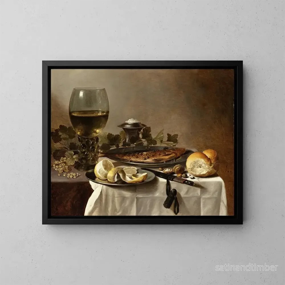Reproduktion av målningen av naturtavla med sill, vin och bröd - Pieter Claesz