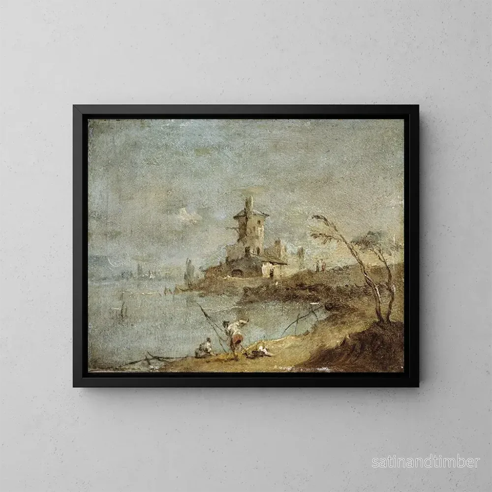 Reproduktion av målningen Caprice rustique med torn vid vattnet - Francesco Guardi