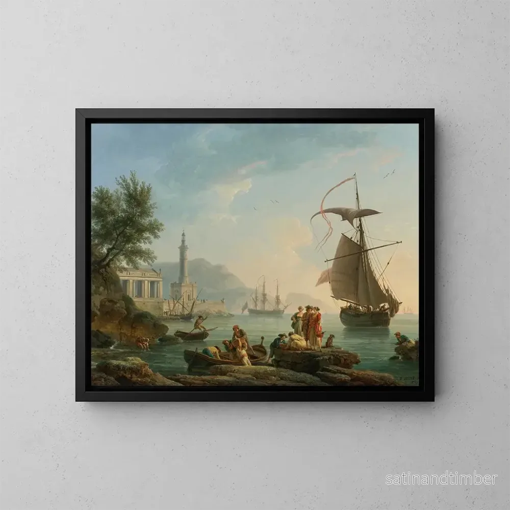 Reproduktion av målningen En medelhavsbukt vid solnedgången med fiskare vid vattnet, en fyr och ett krigsfartyg förtöjt i bukten – Claude-Joseph Vernet