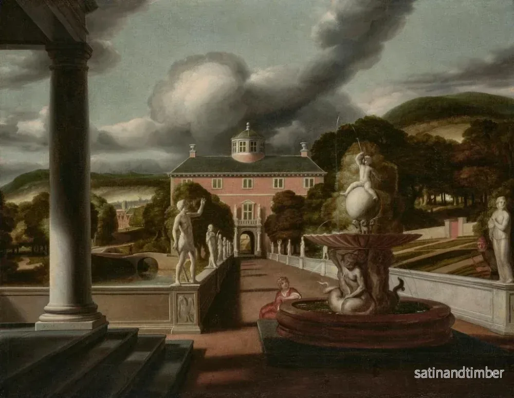 Reproduktion av målningen Vy av en villa med en kvinna sittande vid en fontän och en allé av statyer - Samuel van Hoogstraten - Bild 2