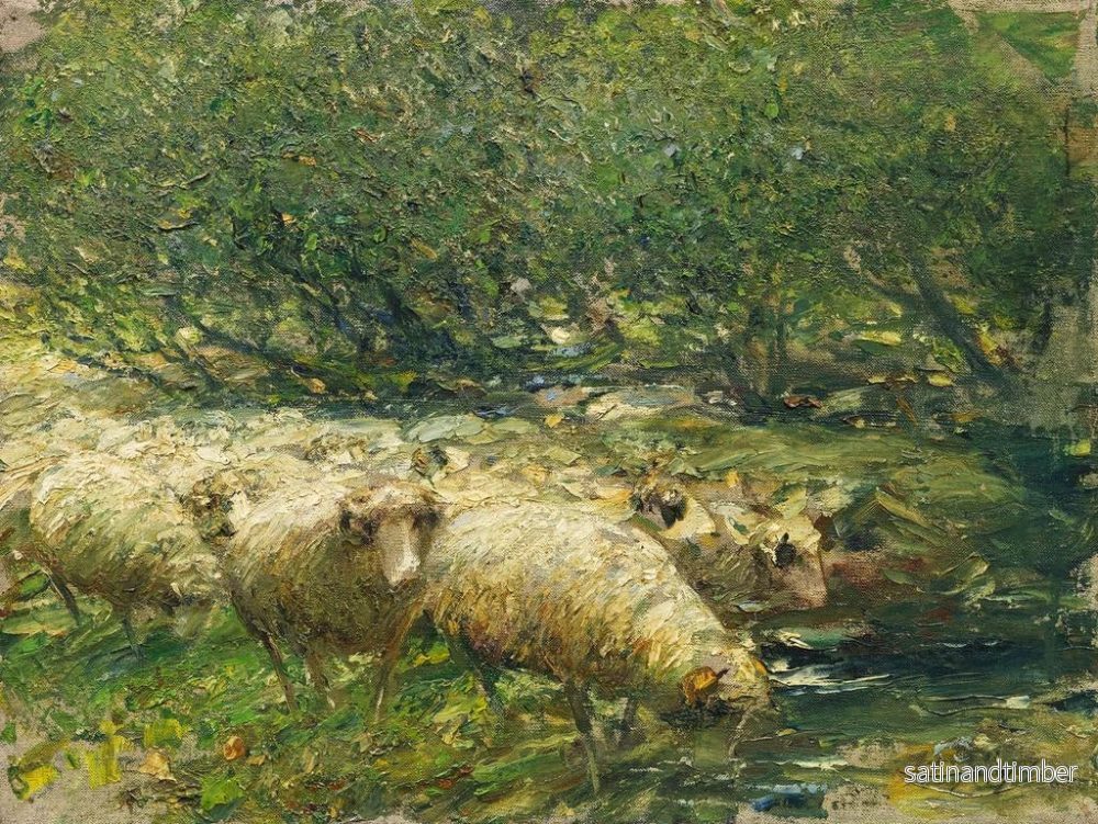 Reproduktion av målningen Bergärn Målning med ett fårflock vid en bäck under trädens skugga - Heinrich von Zügel - Bild 2