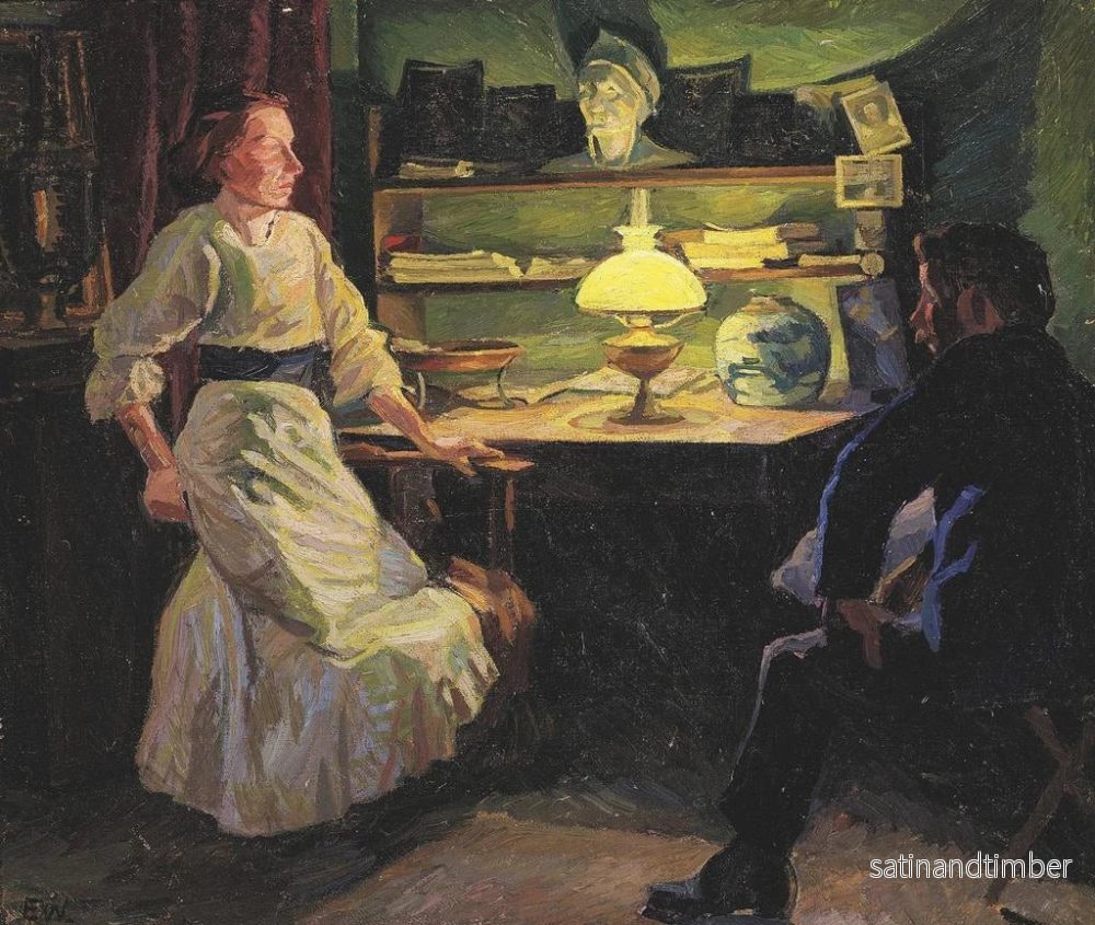 Reproduktion av målningen inomhus med lampljus och två figurer - Edvard Weie - Bild 2