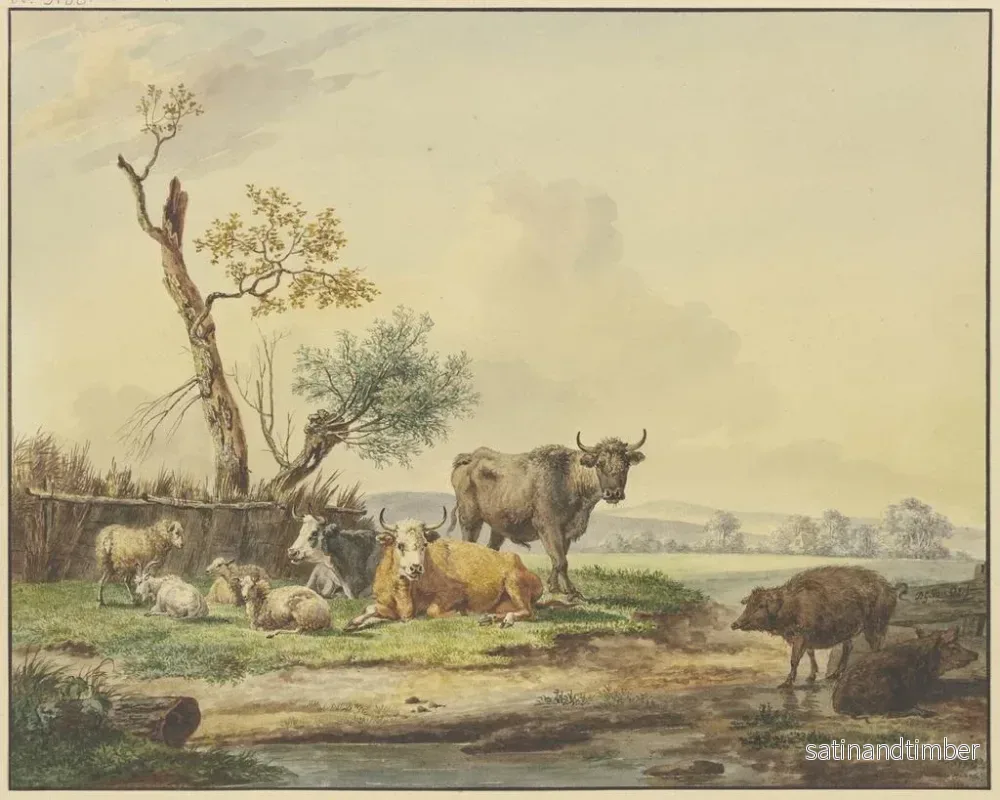 Reproduktion av målningen bredvid en stängsel, boskap på ängen, till höger två grisar - Pieter Gerardus van Os - Bild 2