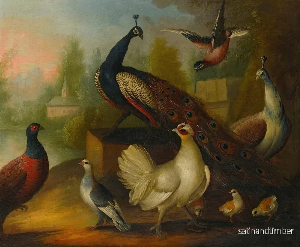 Reproduktion av målningen Paons, poules et autres oiseaux dans un paysage fluvial - Marmaduke Cradock - Bild 2