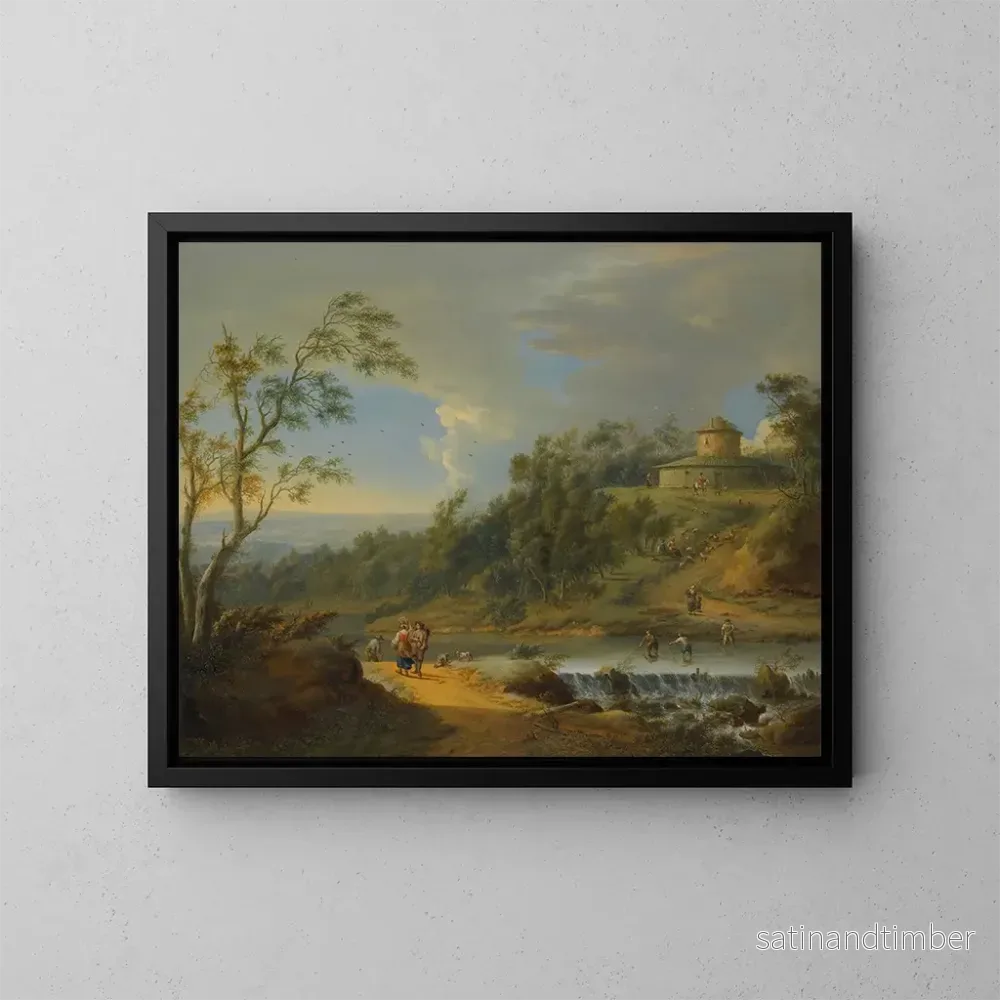 Reproduktion av målningen av ett flodlandskap med fiskare som drar en avlastare - Johann Christian Vollerdt