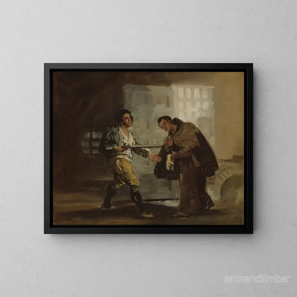 Reproduktion av målningen Le frère Pedro erbjuder skor till El Maragato och förbereder sig för att avlägsna sitt vapen. – Francisco de Goya Reproduktion av målningen Le frère Pedro erbjuder skor till El Maragato och förbereder sig för att avlägsna sitt vapen. – Francisco de Goya