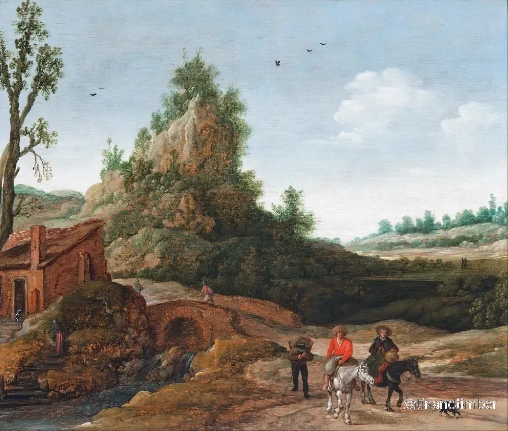 Reproduktion av målningen av ett landskap med resenärer som korsar en bro framför en liten bosättning, ryttare i förgrunden - Esaias van de Velde - Bild 2