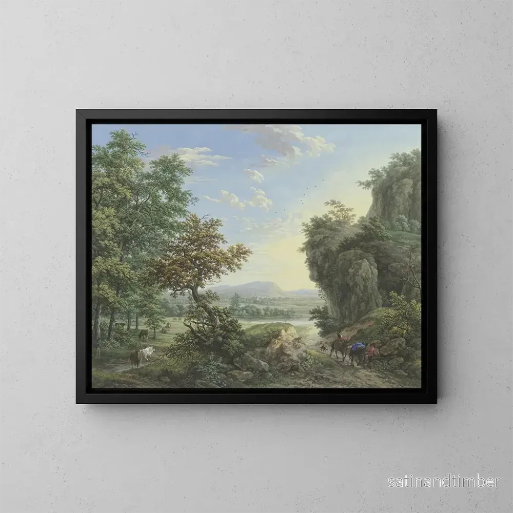 Reproduktion av målningen av Prairie vid vattnet och skog med höga klippor till höger - Karl Franz Kraul