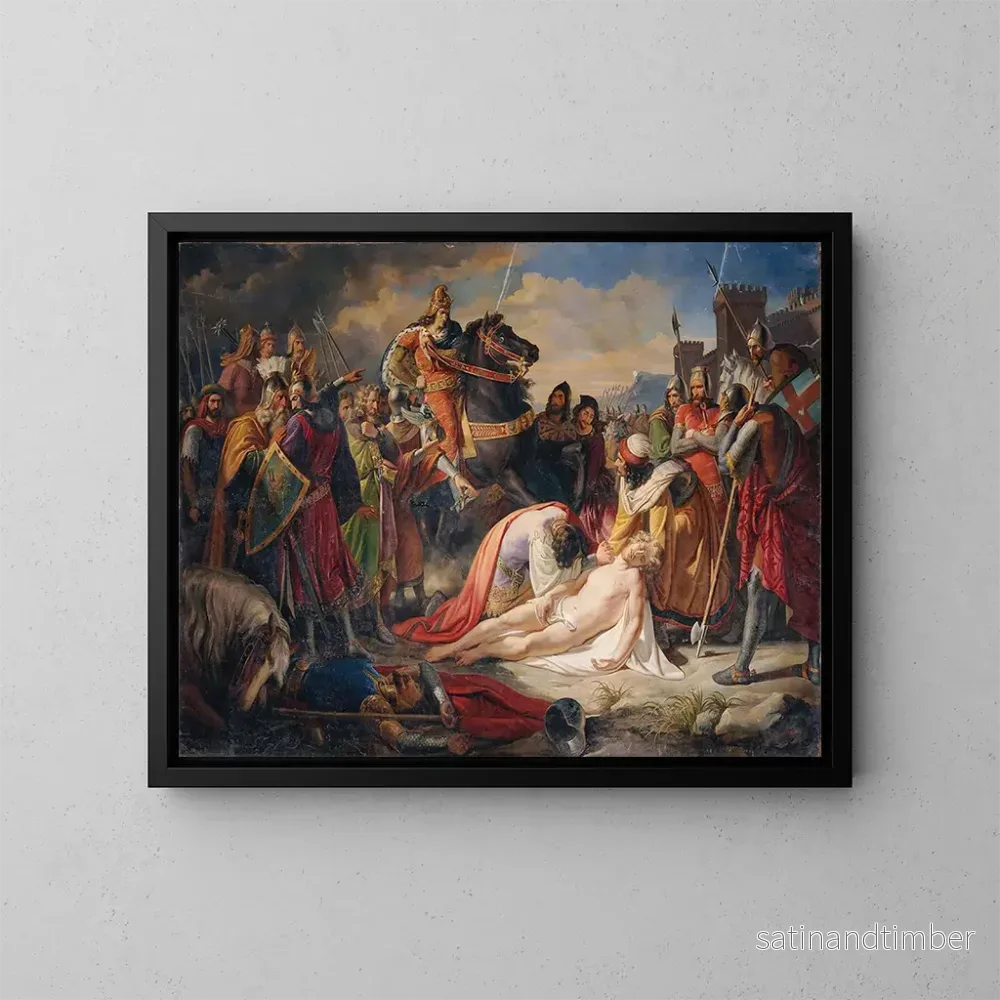 Reproduktion av målningen Charles I av Anjou vid Manfreds kropp efter slaget vid Benevento den 26 februari 1266 - Carl Rahl
