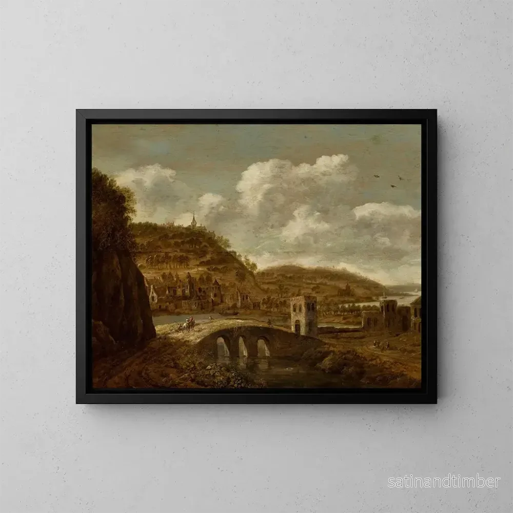 Reproduktion av målningen Landskapsbild av berg med en bro - Dionijs Verburg