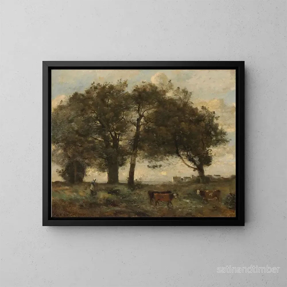 Reproduktion av målningen av skogsklädda träsk med tre kor - Jean-Baptiste-Camille Corot