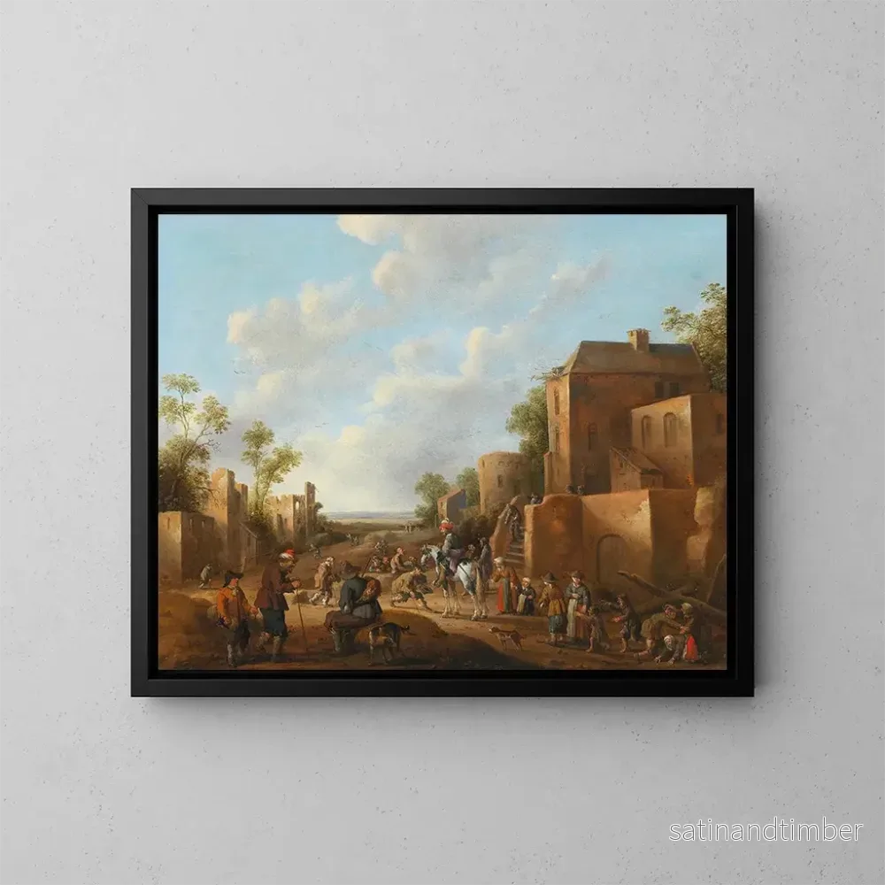 Reproduktion av målningen av en landskapsbild med bybor nära en taverna - Joost Cornelisz Droochsloot