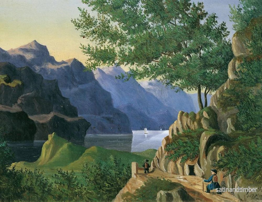 Reproduktion av målningen av sjö i fjällen med vandrare - E. Guenther - Bild 2