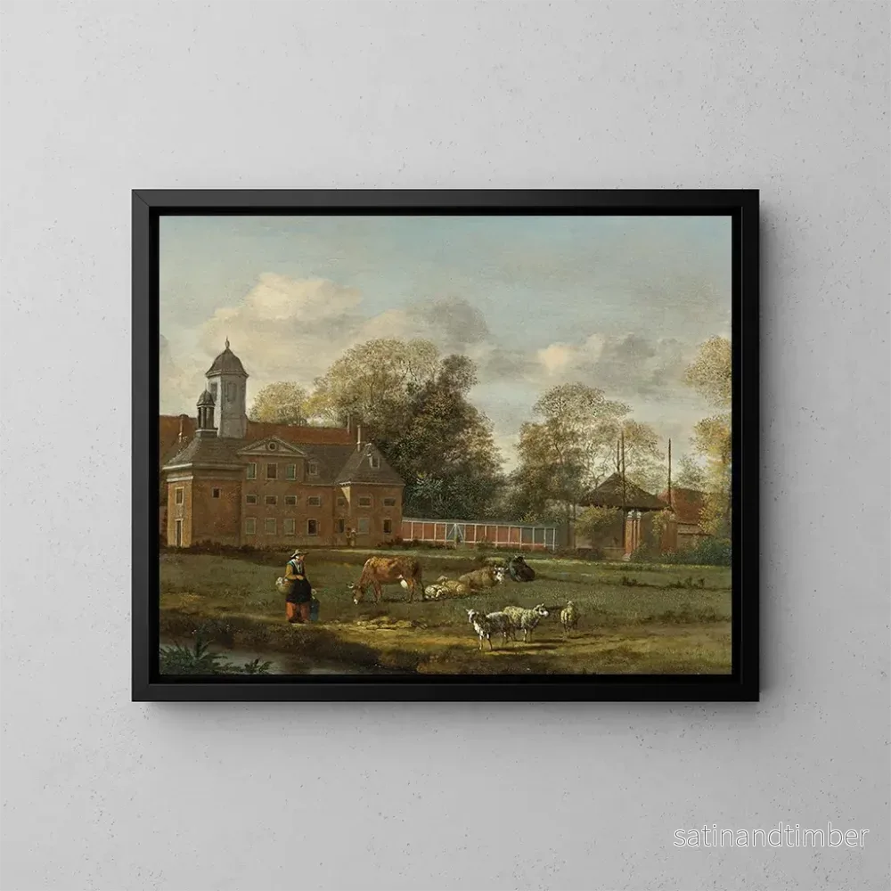 Reproduktion av målningen Vy över Goudestein med en kvinna och ett barn som går bredvid en damm – Jan van der Heyden Reproduktion av målningen Vy över Goudestein med en kvinna och ett barn som går bredvid en damm – Jan van der Heyden