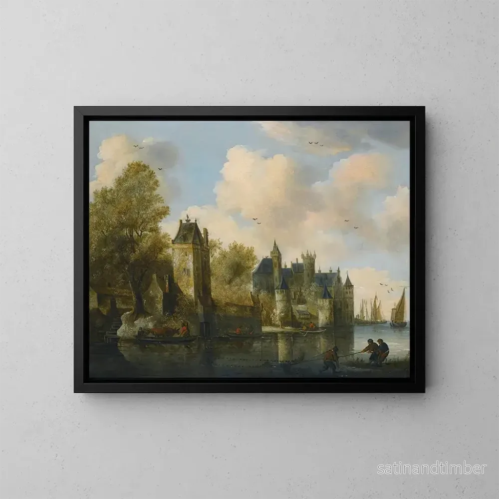 Reproduktion av målningen En stad med befästningar vid en flod med en färja – Salomon van Ruysdael-skolan Reproduktion av målningen En stad med befästningar vid en flod med en färja – Salomon van Ruysdael-skolan