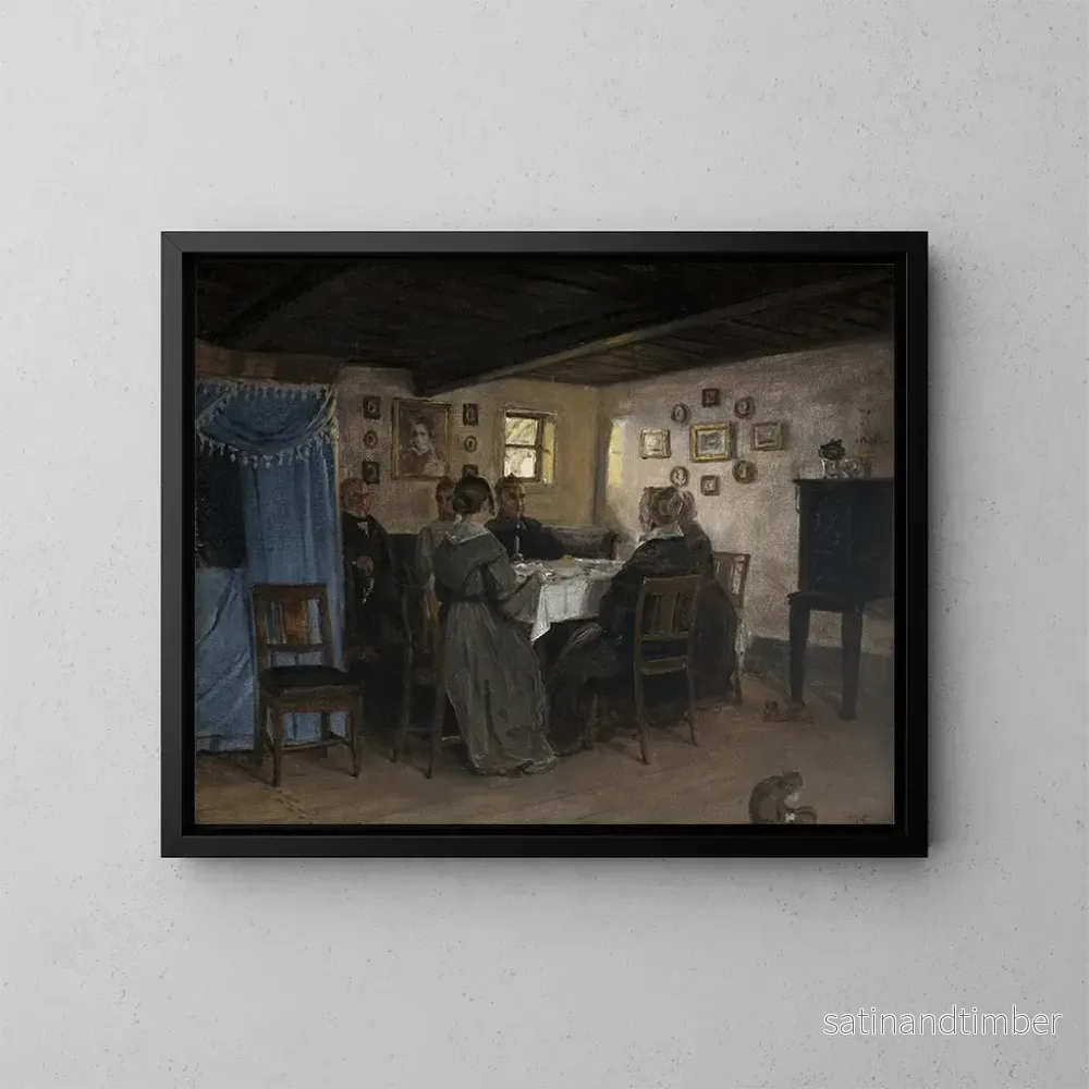 Reproduktion av målningen av vänner och familj till konstnärer sittande runt ett bord i Vejby, Nordjylland – P. C. Skovgaard Reproduktion av målningen av vänner och familj till konstnärer sittande runt ett bord i Vejby, Nordjylland – P. C. Skovgaard