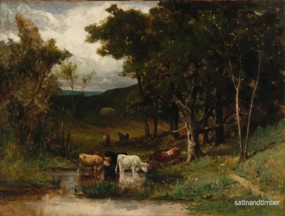 Reproduktion av målningen av landskap utan titel med kor i en bäck nära träden - Edward Mitchell Bannister - Bild 2