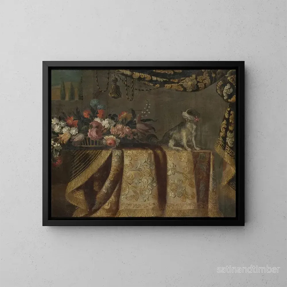 Reproduktion av målningen av blomsterstilleben med en leksaks-Spaniel på ett draperat bord - Francesco Noletti