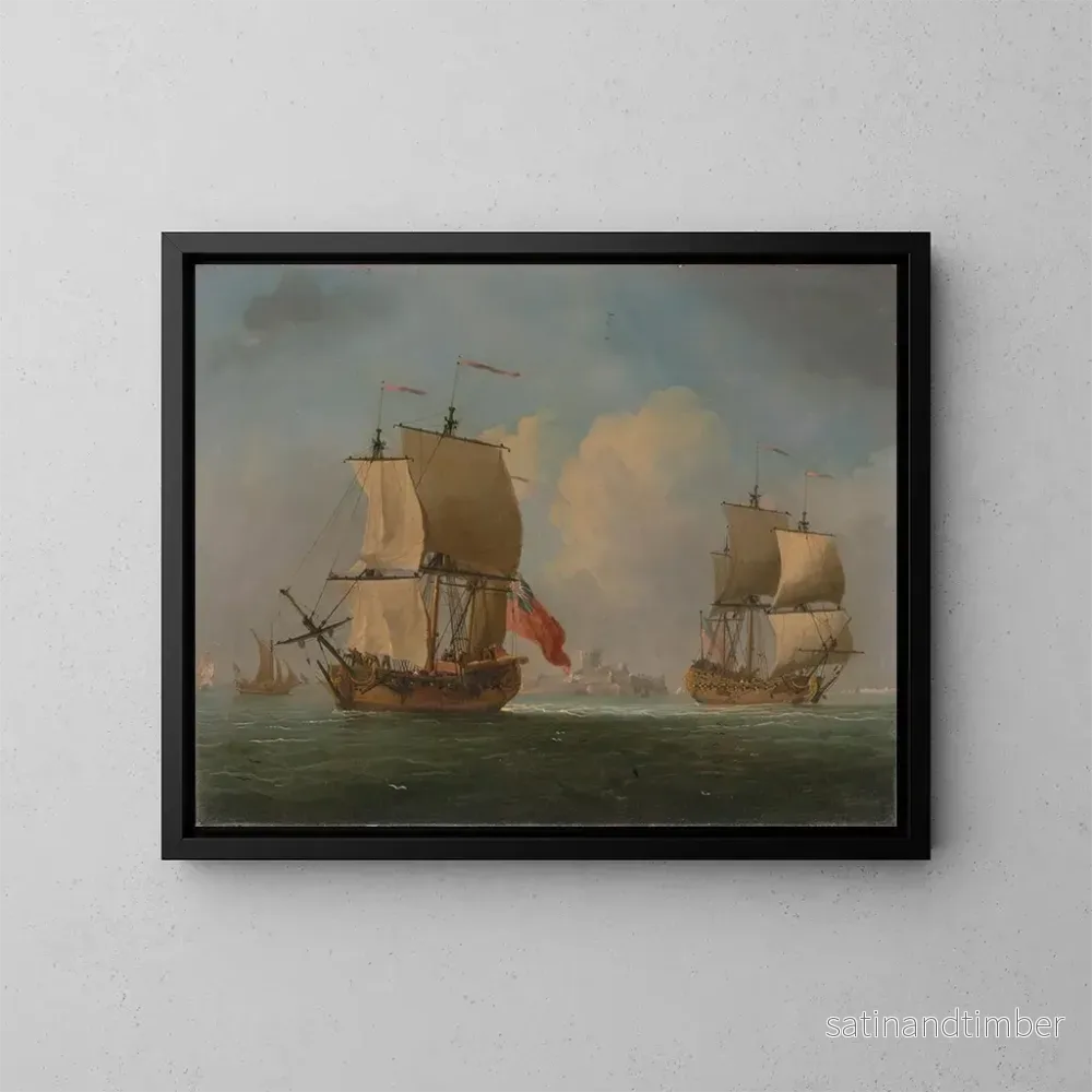Reproduktion av målningen av en engelsk sloop och en fregatt i en lätt bris – Francis Swaine Reproduktion av målningen av en engelsk sloop och en fregatt i en lätt bris – Francis Swaine