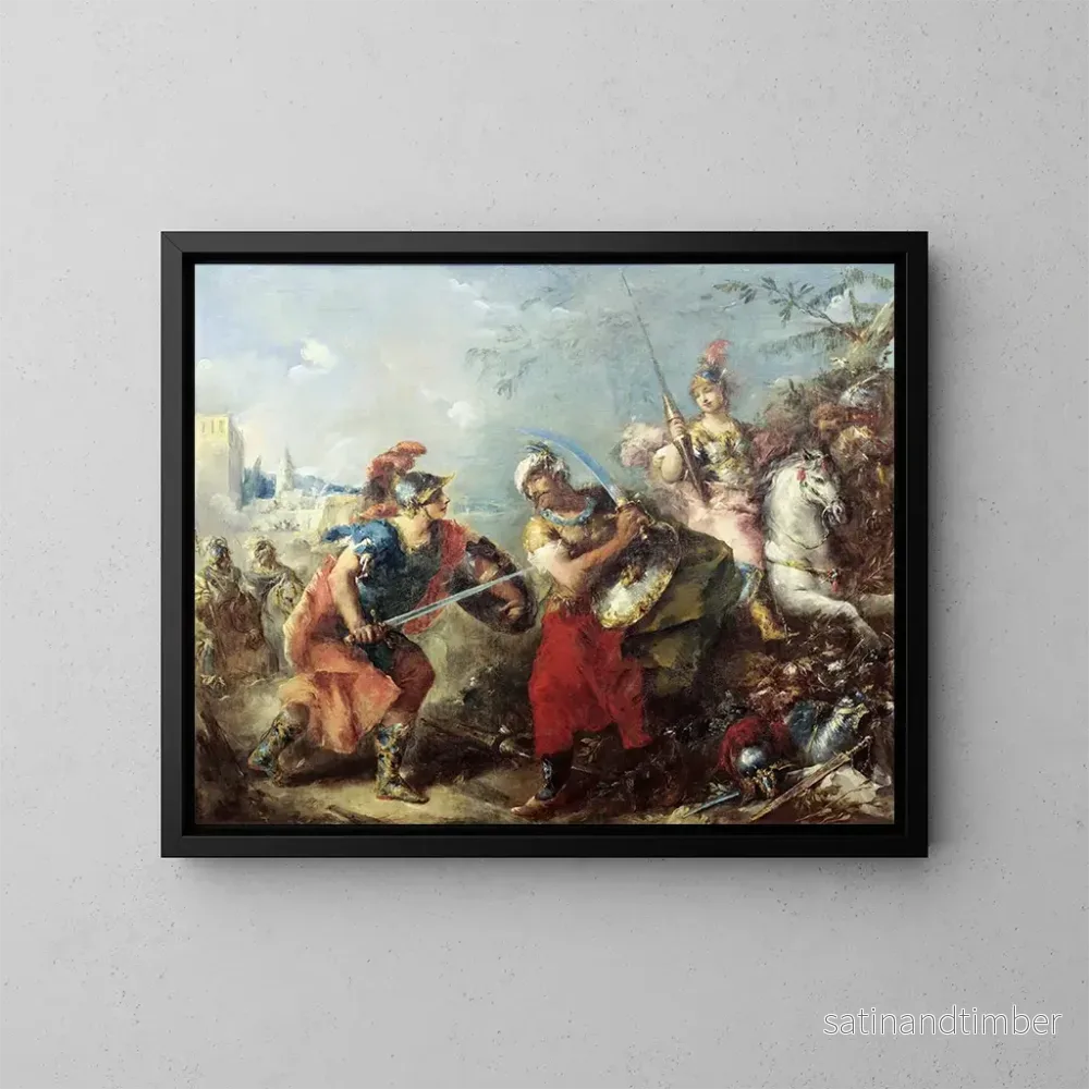 Reproduktion av målningen Le Combat entre Tancrède et Argante avec Clorinde en arrière-plan - Giovanni Antonio Guardi