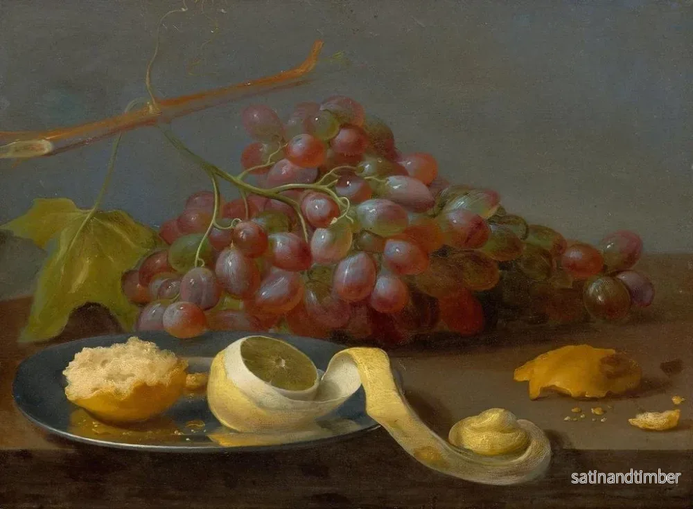Reproduktion av målningen av stilleben med druvor, en citron och bröd på ett bord - Jacob van Es - Bild 2