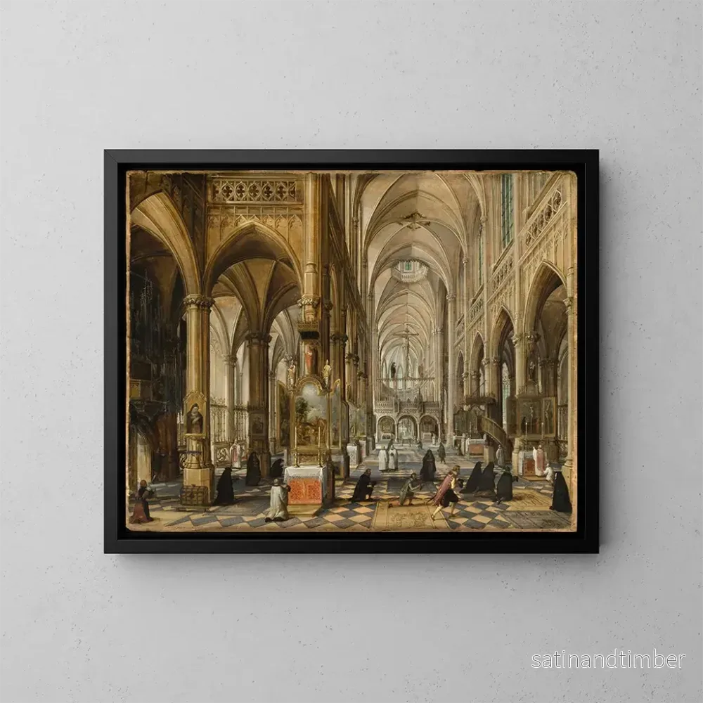 Reproduktion av målningen av en gotisk katedral-inre - Paul Vredeman de Vries