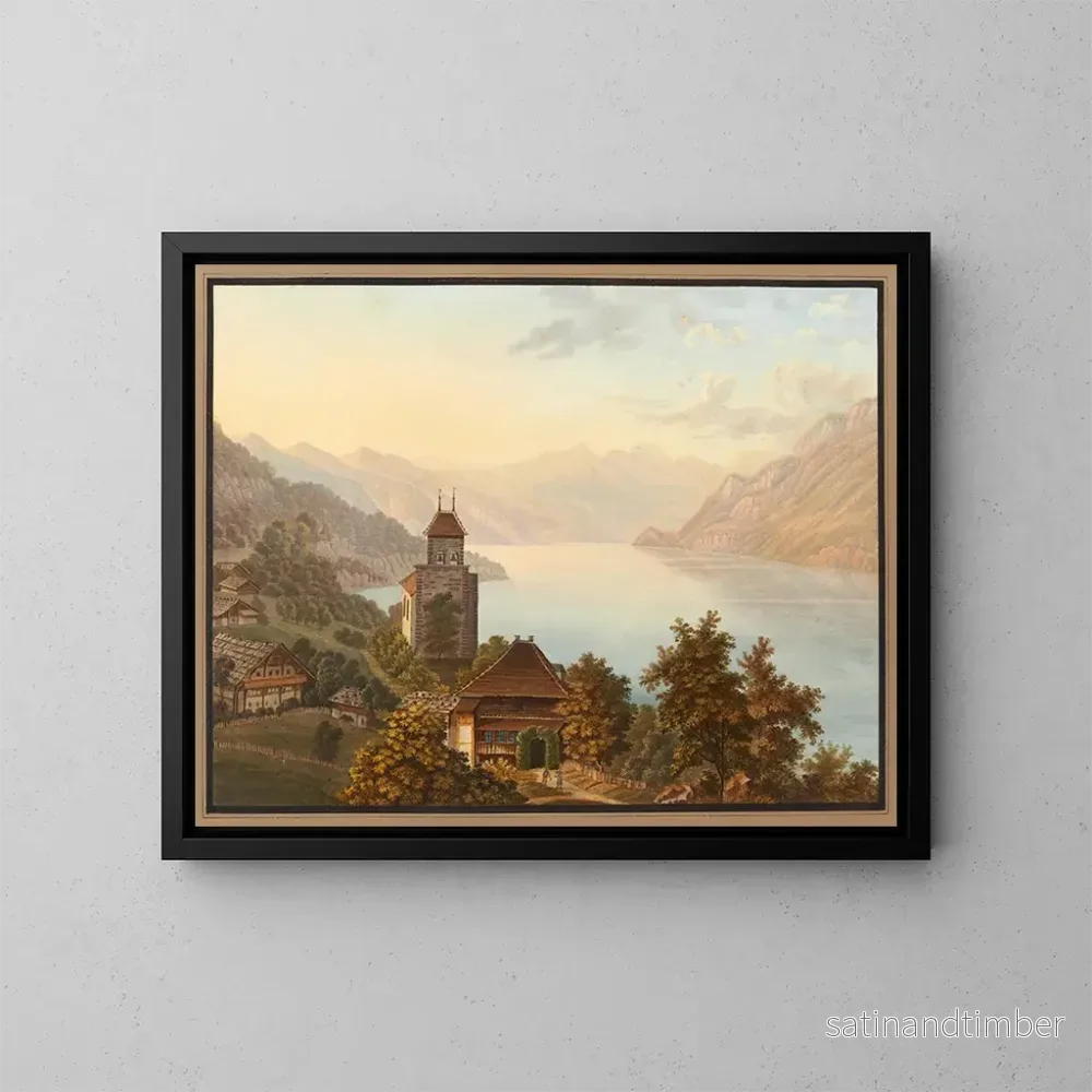 Reproduktion av målningen av Vue de l'église et du village de Ringgenberg au lac de Brienz - Heinrich Meichelt