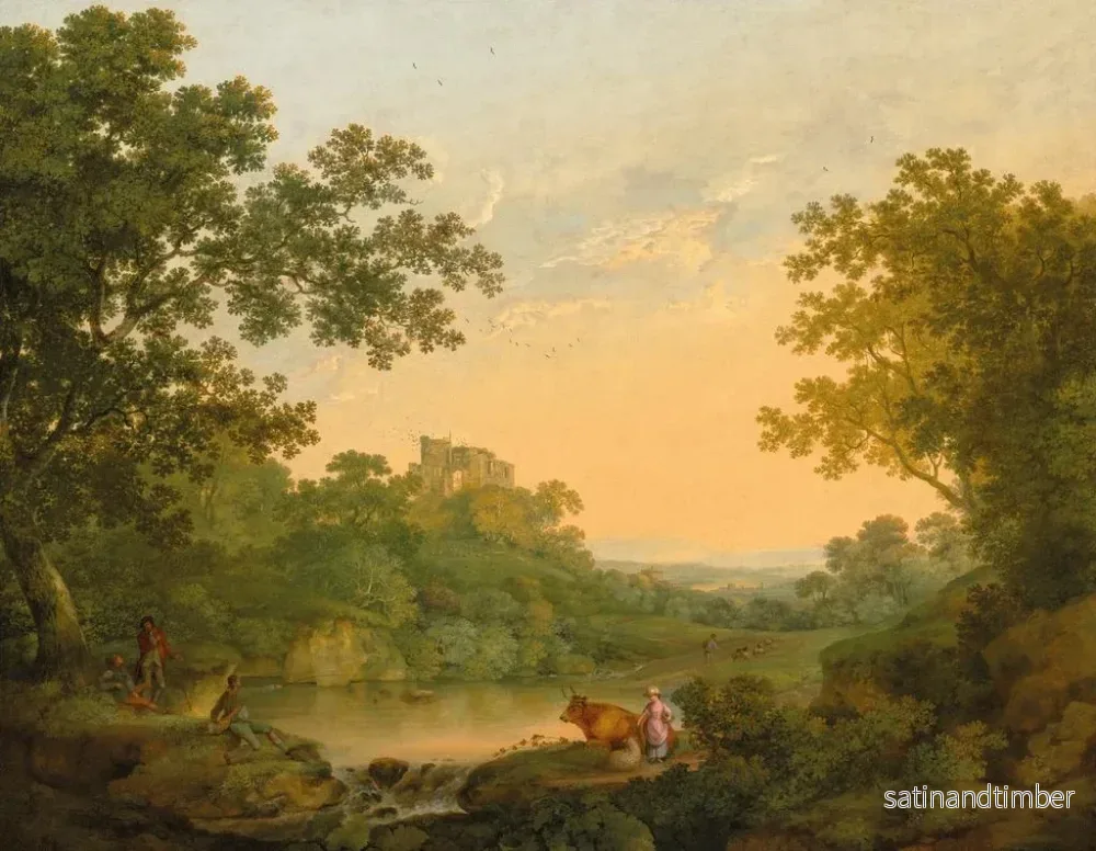 Reproduktion av målningen av en skogsskog med fiskare och herdar nära en damm, en ruin av ett slott i fjärran - George Smith - Bild 2