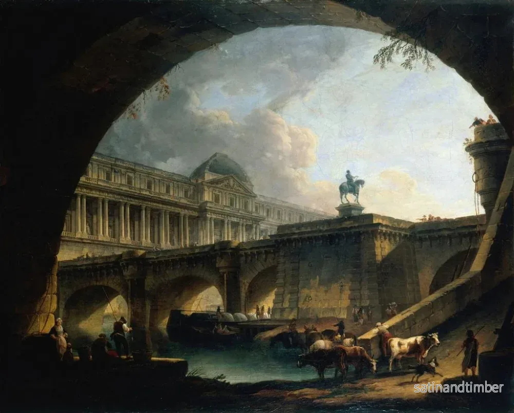Reproduktion av målningen Caprice arkitektonisk av ett palats inspirerat av Louvren och Pont Neuf som ramlar in i bågen av en bro - Pierre-Antoine Demachy - Bild 2