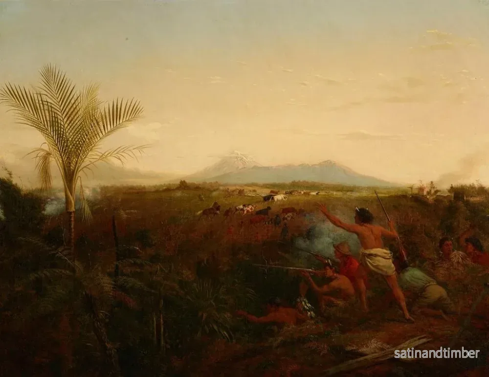 Reproduktion av målningen Vue du mont Egmont, Taranaki, Nouvelle-Zélande, prise depuis New Plymouth avec des Maoris chassant le bétail des colons - William Strutt - Bild 2