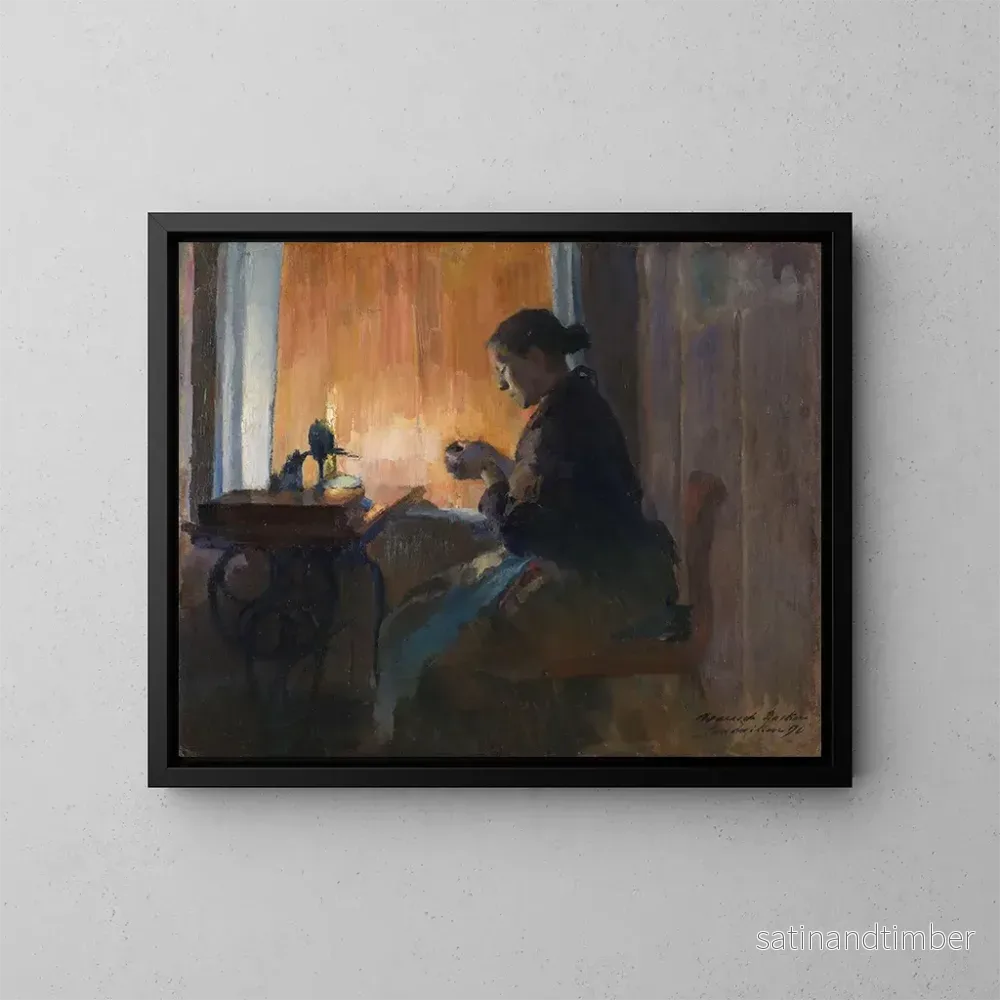 Reproduktion av målningen På ljuset av lampan - Harriet Backer