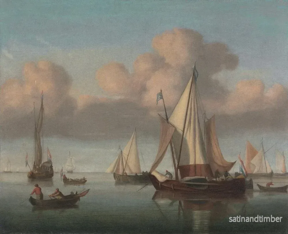 Reproduktion av målningen En kajak vid ankarplats med uppdragna segel och en statsjakt samt andra fartyg - Willem van de Velde den yngre - Bild 2