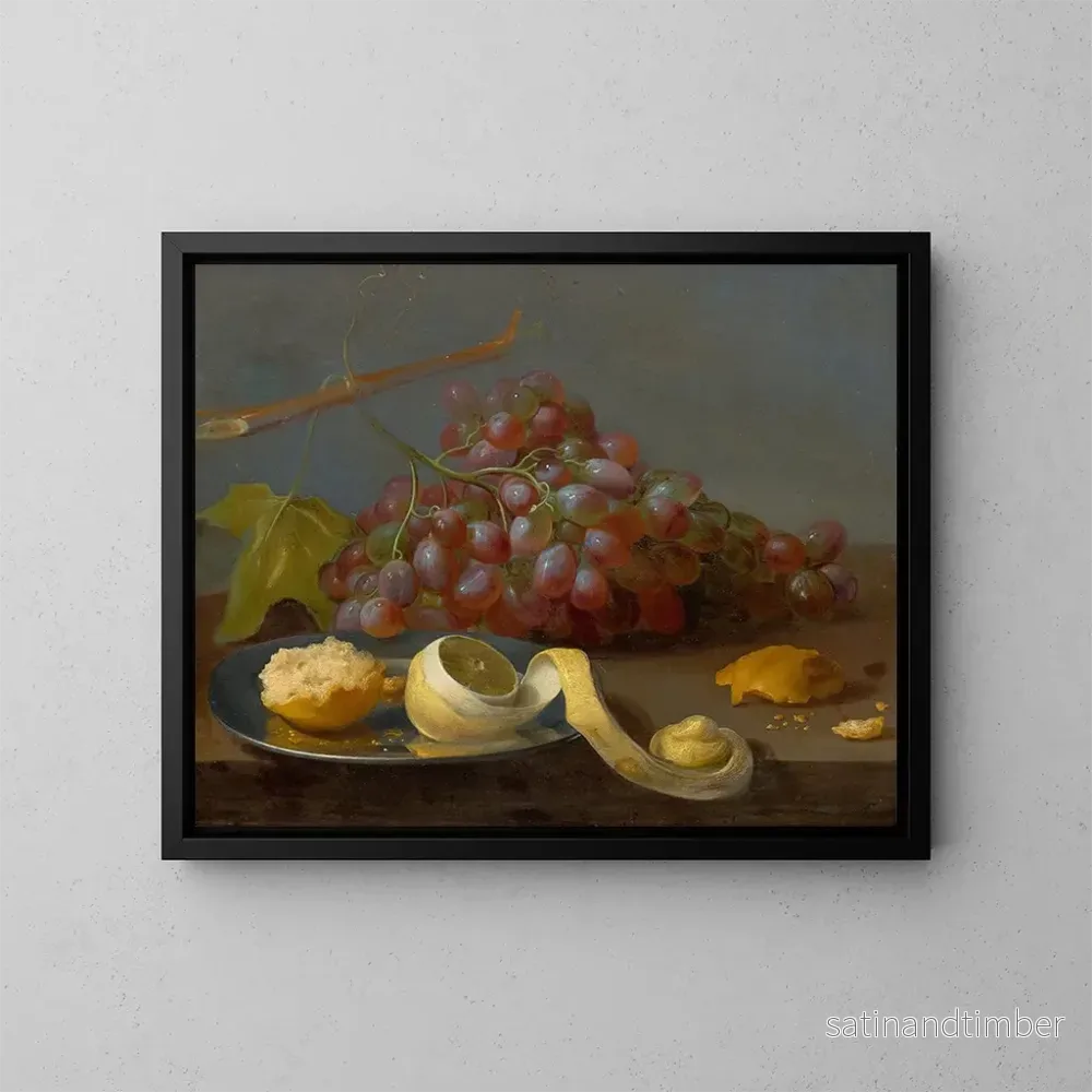 Reproduktion av målningen av stilleben med druvor, en citron och bröd på ett bord - Jacob van Es