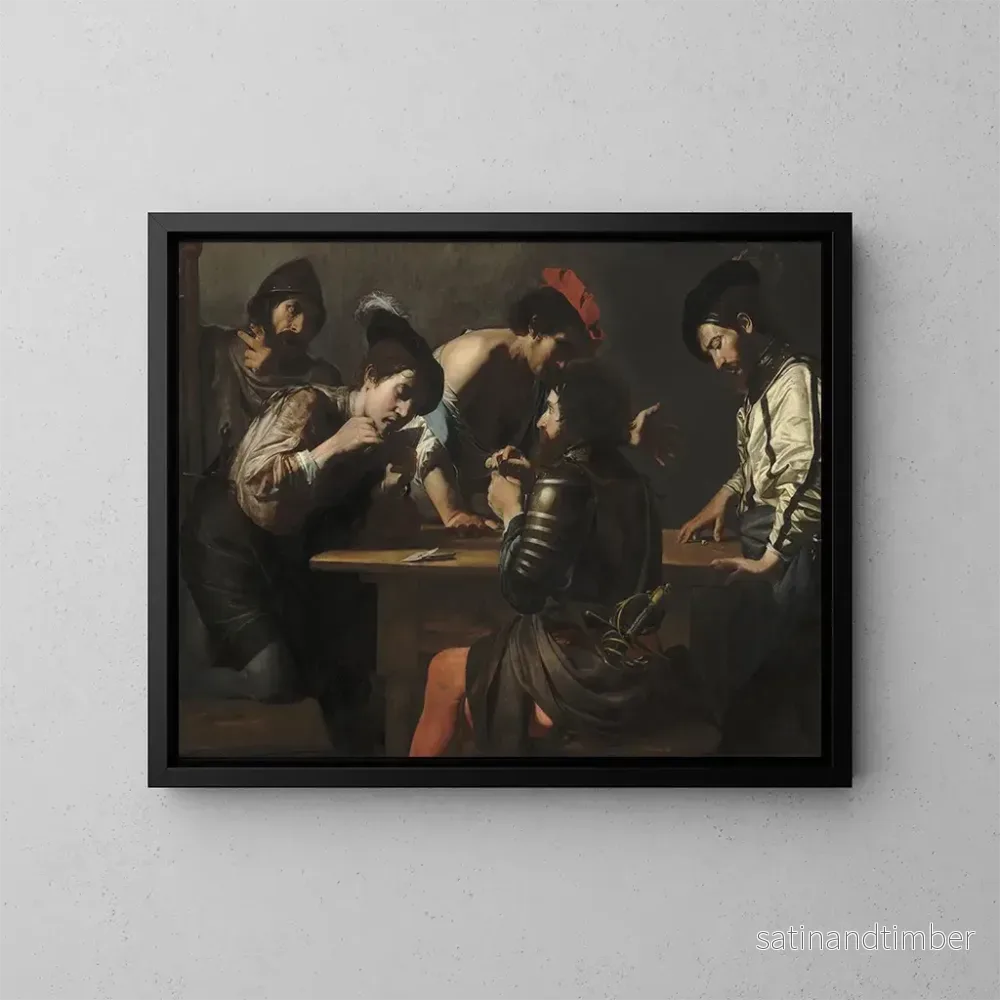 Reproduktion av målningen Soldater som spelar kort och tärningar, fuskare - Valentin de Boulogne