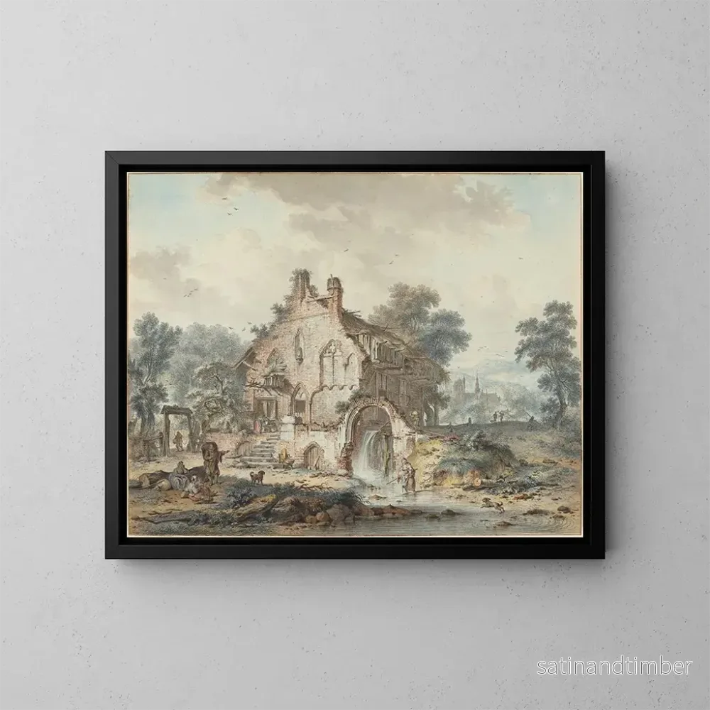 Reproduktion av målningen av rustik vattenhjul i en gotisk ruin - Hendrik de Meyer II