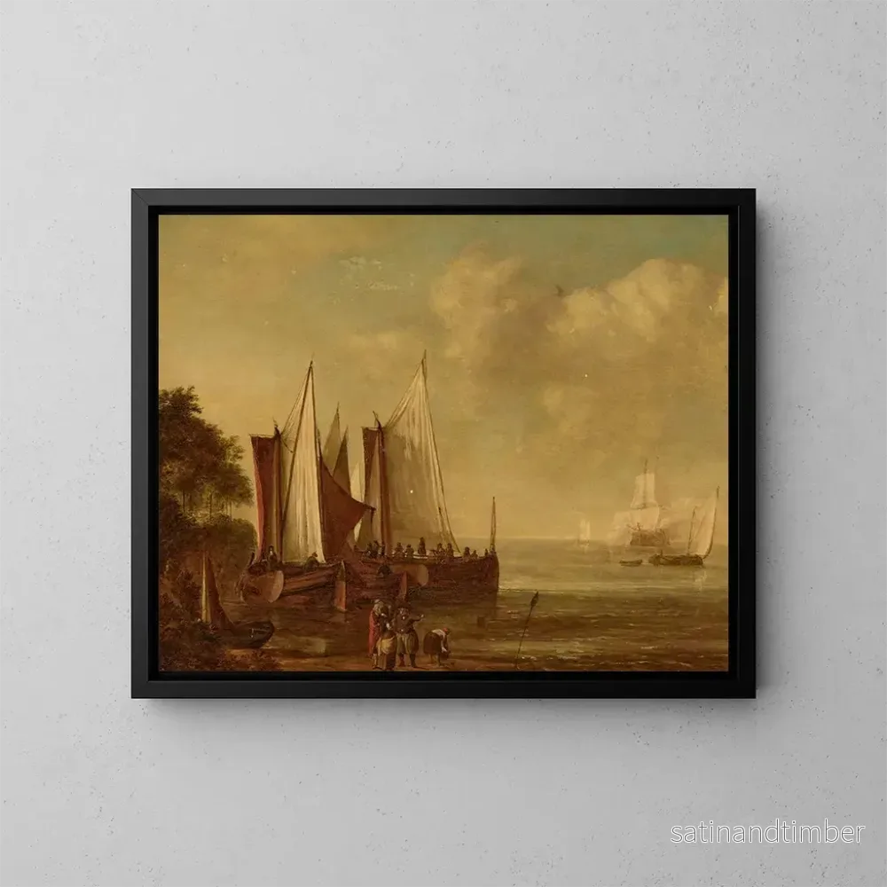 Reproduktion av målningen Segelbåtar till havs med figurer på kusten - Lieve Pietersz Verschuier