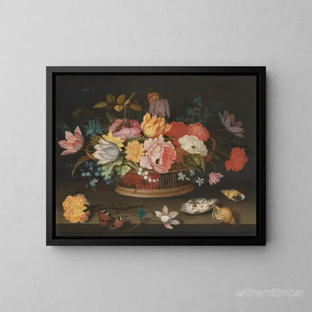 Reproduktion av målningen Blommor i en korg på ett bord - Balthasar van der Ast